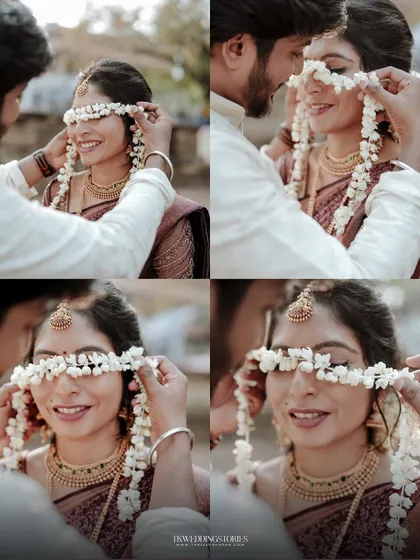A playful and romantic collage of a groom adorning his bride with a flower garland, capturing their smiles and laughter.