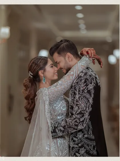 An intimate embrace, capturing the love and connection between the couple on their Sangeet night.