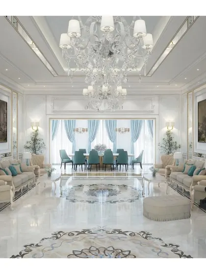 Another perspective of the luxurious villa interior, highlighting the seamless flow between the living and dining areas. The design uses a consistent palette of white, cream, and soft blue with gold accents to unify the vast space.