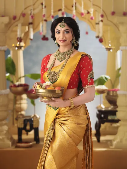 The full traditional look for Reeshma Nanaiah. The custom red blouse with gold embroidery on the sleeves perfectly complements her golden-yellow silk saree, creating a classic South Indian festive outfit.