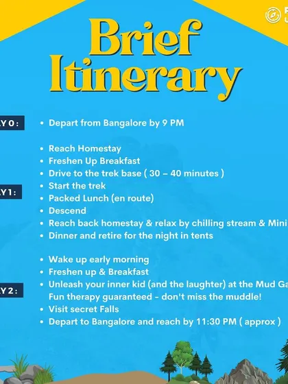 The itinerary for our Ranipuram trek in Kerala, featuring mud games and a visit to a secret waterfall.