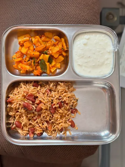 A repeat of the delicious groundnut rice, sautéed potato, and curd meal, showing how you can enjoy your favorites as part of a healthy diet.
