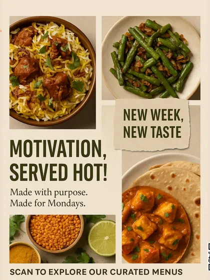 Motivation, served hot. This collage of biryani, paneer, and fresh ingredients is made with purpose, made for Mondays.
