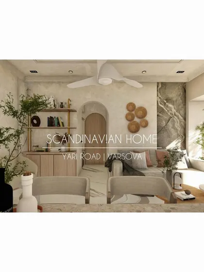 A conceptual render for a Scandinavian-style home, characterized by light wood, natural textures, and an abundance of greenery for a bright and airy feel.
