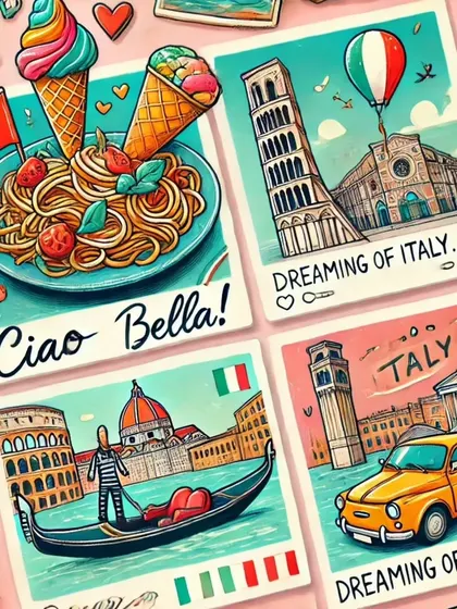 Ciao Bella. Dreaming of Italy? This collage captures the essence of la dolce vita, with pasta, gelato, gondolas, and the Leaning Tower of Pisa.