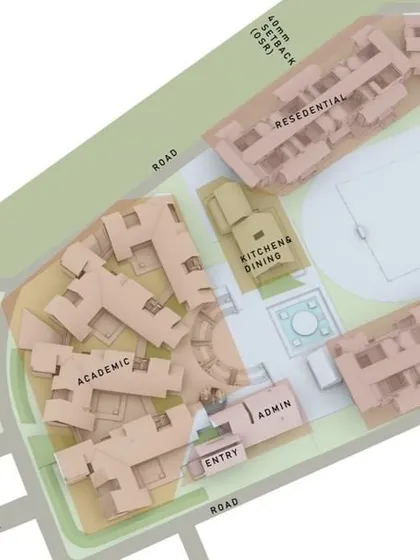 A masterplan of the Vellore International School, showing the zoning of academic, residential, dining, and sports facilities across the 35-acre campus.