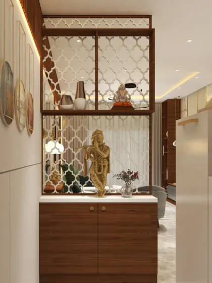 A 3D render of the proposed foyer and partition for the 'Muditā' project, showing the CNC-cut screen and puja pedestal.