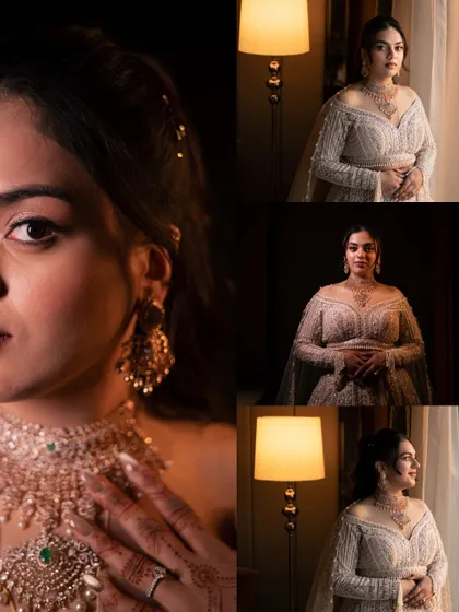 A collage of the bride's stunning reception look, with close-ups on her makeup, jewelry, and elegant poses.
