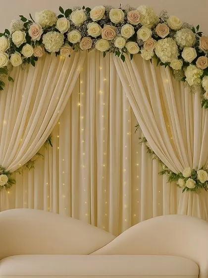 A classic and sophisticated backdrop for an engagement or intimate wedding function. This design uses a golden circular arch adorned with white and cream roses, set against a gracefully draped curtain with twinkling fairy lights for a timeless look.