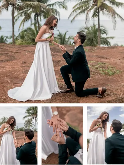 A collage capturing the key moments: the proposal, the ring, and the happy tears. This sequence shows the complete story of him getting down on one knee in a single, shareable image.