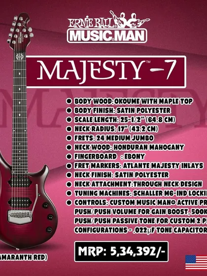 A detailed spec sheet for the Ernie Ball Music Man Majesty 7 in Amaranth Red. This graphic outlines the premium materials and advanced electronics of this John Petrucci signature model.