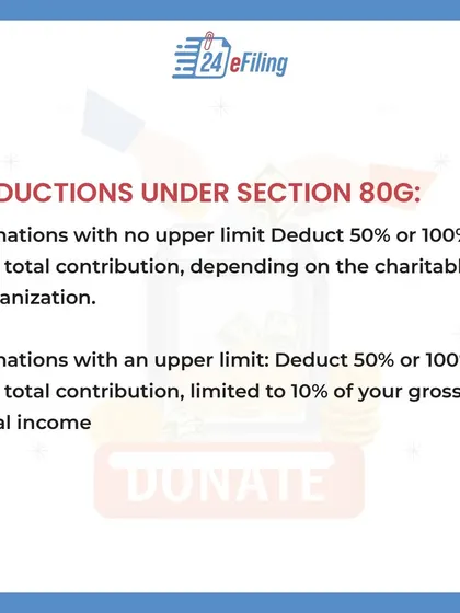 Deductions under Section 80G can be 50% or 100% of the contribution amount. Some donations have no upper limit, while others are limited to 10% of your gross total income.