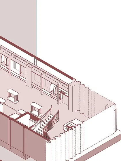 A detailed drawing of the third and fourth floors of the Nalli store. The fixtures were designed with flexible, adjustable shelving to allow for a mix of hanging, stacking, and mannequin displays.