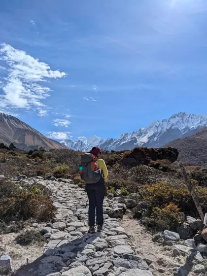 A lone trekker walks along a stone path in the Langtang Valley. The solitude and immense scale of the Himalayas offer a profound sense of peace and adventure.