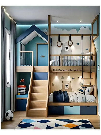 A cozy bear-themed bunk bed that's perfect for little ones. The design includes a small playhouse on top and a slide, making it more than just a place to sleep. The blue and wood tones are calming and cute.