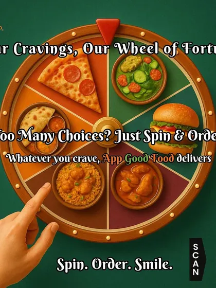 Feeling indecisive? Our 'Wheel of Fortune' shows the incredible variety we offer, from Indian thalis and biryani to pizza and burgers. Spin, order, and let us surprise you!
