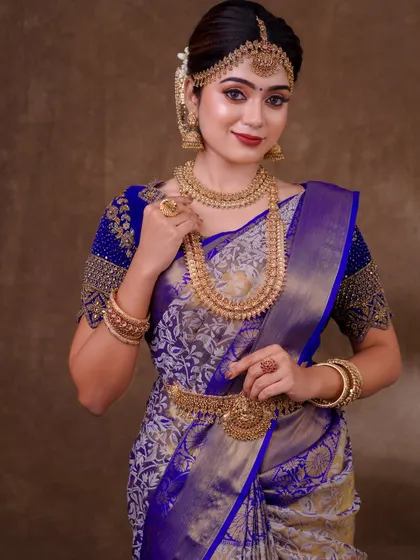 A royal blue and silver brocade saree. The draping here is all about showcasing the richness of the fabric, with a neatly pleated pallu and a full, grand silhouette.