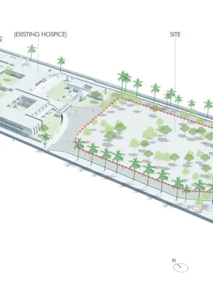The site plan for the Karunashraya extension, showing how the new buildings were carefully placed to preserve all existing mango, jackfruit, and coconut trees. The architecture is woven around the landscape.