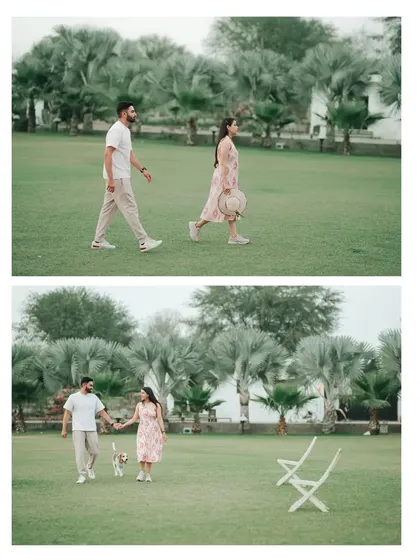 A pair of images showing the couple walking with their dog, capturing the natural and happy dynamic of their little family.