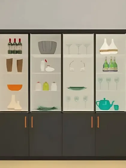 A large, traditional-style crockery cabinet with frosted glass doors. This unit provides ample space to store and display a full collection of dinnerware and glassware.