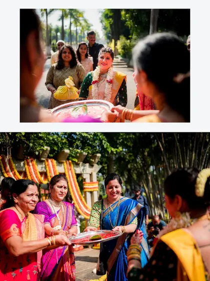 A collage showing the bride being welcomed by her family with traditional offerings and smiles.