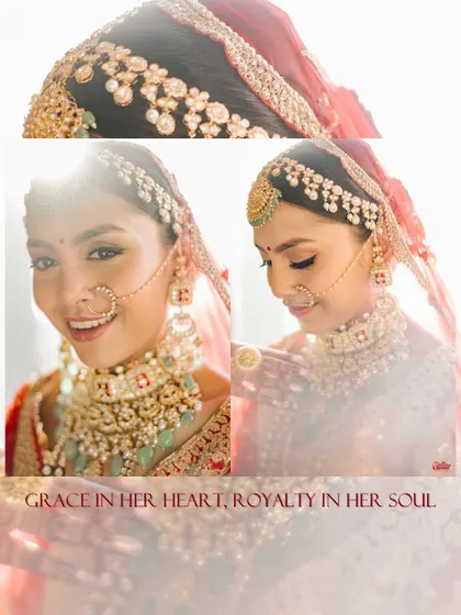 Grace in her heart, royalty in her soul. A collage of the bride's happy and serene moments, showcasing her beautiful smile and stunning jewelry.