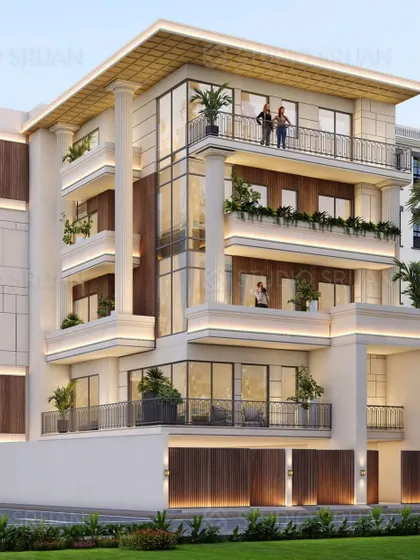 Another angle of the Naraina Vihar project, emphasizing the verticality of the design and the extensive use of balconies with planters to integrate greenery into the facade.