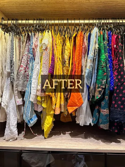 After: A rainbow of color-coded Indian wear, perfectly aligned on uniform hangers. This not only looks beautiful but makes choosing an outfit for any occasion effortless.