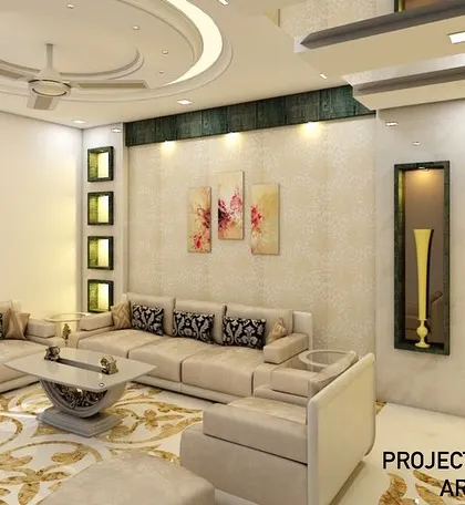 A 3D visualization of a living room design. This concept uses a light color palette, intricate floor patterns, and recessed wall niches to create a sophisticated and spacious feel.