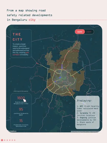 An interactive map from our Project Intersect webpage, which visualizes road safety data and our intervention sites across Bengaluru.
