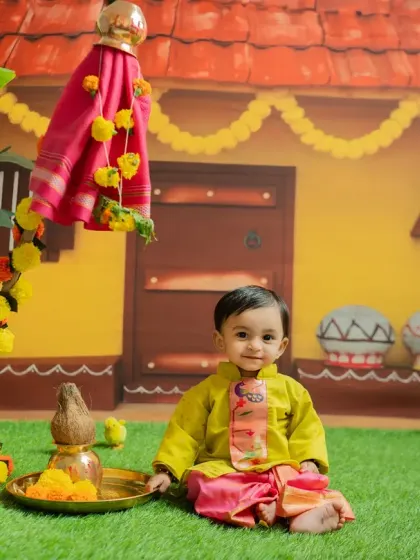 Marking the Maharashtrian new year with a Gudi Padwa themed photoshoot. I create an authentic village backdrop, complete with a traditional Gudi, to celebrate your family's cultural roots.