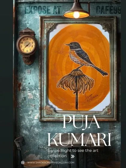 This poster for Puja Kumari's "VIBING with NATURE" exhibition highlights her unique artistic style. She is known for her intricate pen and ink drawings that incorporate real, preserved dried leaves.