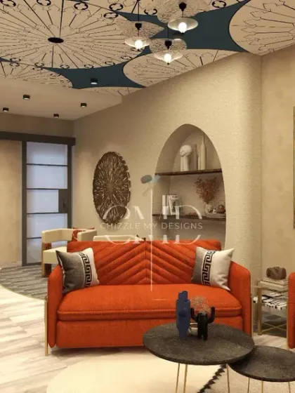 This vibrant music and bar lounge in a Noida penthouse features a dramatic ceiling with bold circular patterns and a quirky "Lose Your Mind, Find Your Soul" art piece.