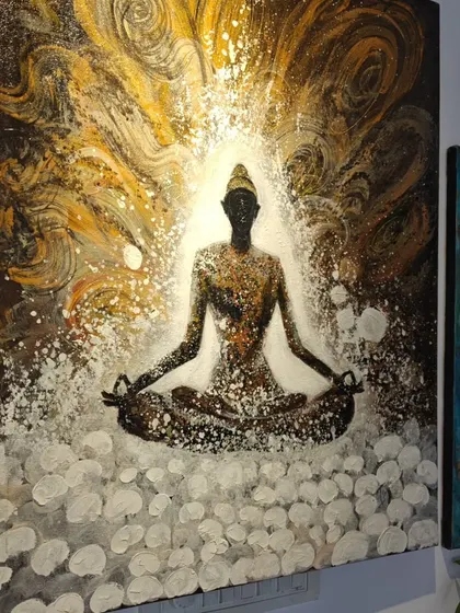 A contemporary take on meditative art, this painting captures the explosive energy of enlightenment. The silhouette of a meditating figure is surrounded by a dynamic burst of gold and white, symbolizing an inner awakening.