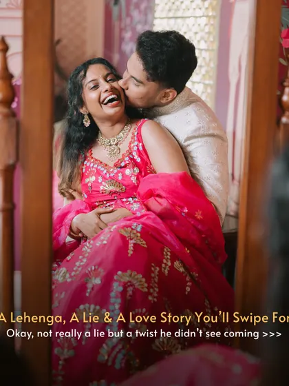 A lehenga, a little secret, and a love story with a twist he didn't see coming. This playful shot captures the fun and confidence of making a smart rental choice.