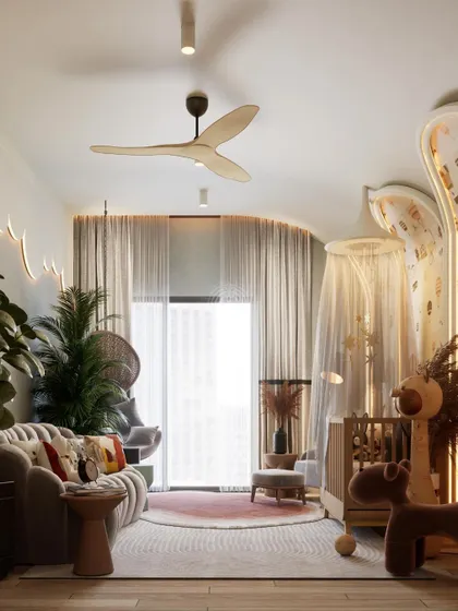 This render shows the full nursery layout, with a comfortable seating area, a hanging swing chair, and plenty of natural light. The design is warm, inviting, and full of charm.