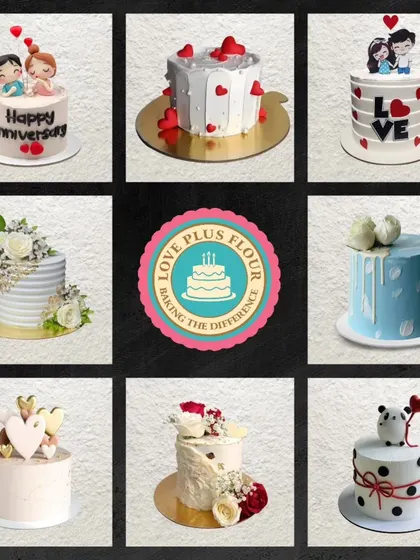 A beautiful collection of my custom cakes for all occasions. This collage shows a variety of styles, from romantic anniversary cakes with hearts to elegant floral designs and cute character toppers.