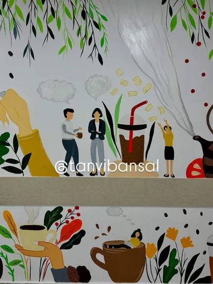 This section shows characters chatting over coffee, surrounded by colorful botanicals. It’s all about celebrating those small, happy moments at work.