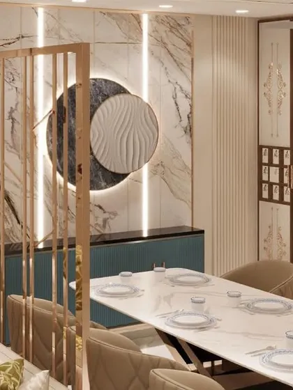 A 3D render of a dining area that is both elegant and functional. The design features a marble-top table, comfortable upholstered chairs, and a stunning wall art piece with integrated lighting.