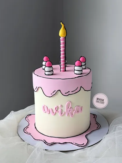 A fun and trendy cartoon-style cake. This design looks like it jumped right out of a comic book, with bold black outlines and a 2D effect.