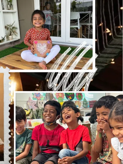 This collage captures the essence of a day at Firefly: a proud girl with her artwork and a group of boys sharing a huge laugh. It's all about making happy memories.