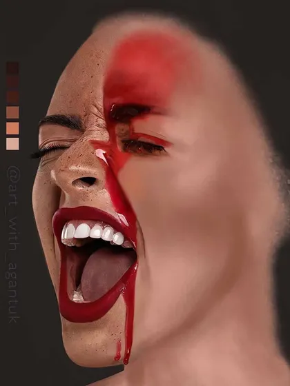 A work-in-progress version of the screaming woman portrait. This shows the piece before the final blending and smoothing, with the color palette I used visible on the side.