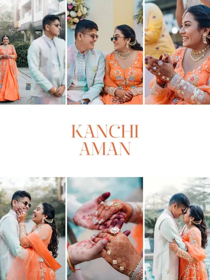A collage telling the story of Kanchi and Aman's Haldi day. It's filled with laughter, intimate moments, and the vibrant colours of their celebration.
