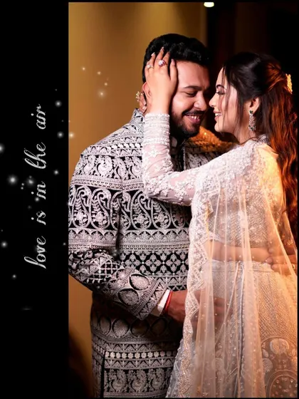 "Love is in the air." This creatively edited photo captures a magical, smiling moment between the couple, highlighting their joy and the romantic atmosphere of their engagement.