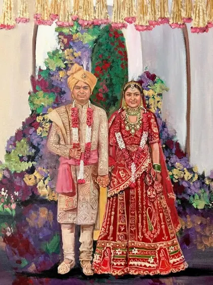 The final painting from a live event in Gurugram. The couple is framed by arches of colorful flowers, and my realistic acrylic style brings out the texture of their wedding attire and the depth of the decor.