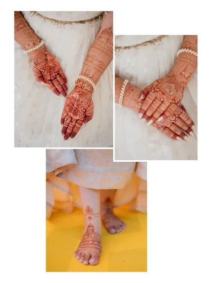 A detail-oriented collage showing the intricate mehndi designs on the bride's hands and feet.
