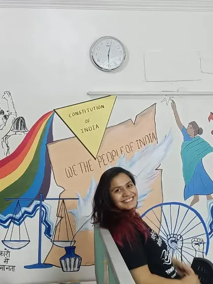 A full view of the mural dedicated to the spirit of the Indian Constitution and social justice movements. It was an honor to create this piece for an organization working to empower marginalized communities.