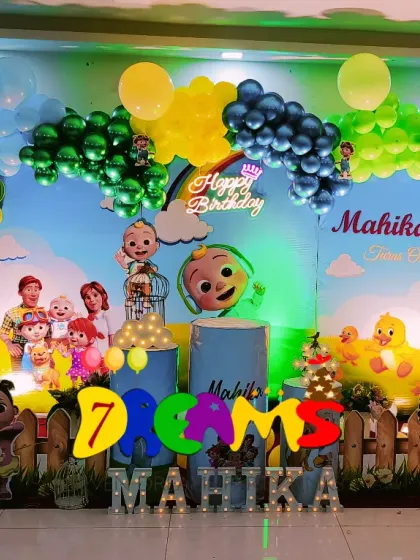 A bright and colorful Cocomelon themed party. I used character cutouts of JJ and his friends, a rainbow balloon arch, and a picket fence prop to create the happy world of Cocomelon.