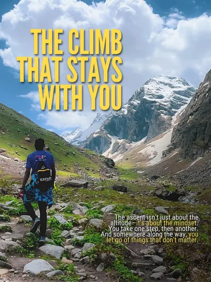 The climb that stays with you. A trekker on the Hampta Pass trail looks towards the high mountains, reminding us that the ascent is about mindset, not just altitude.