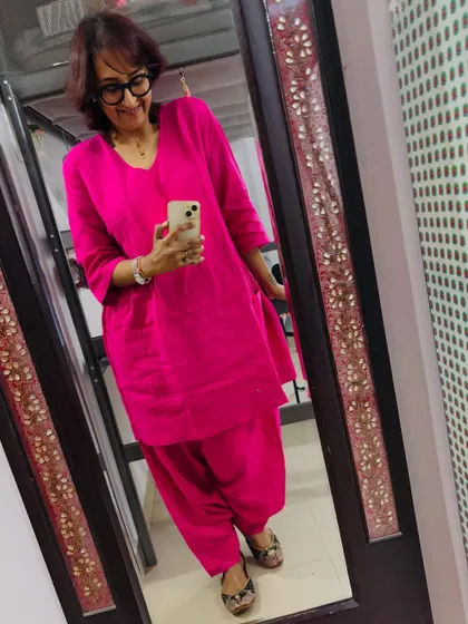 A slightly different angle of the pink salwar kameez.